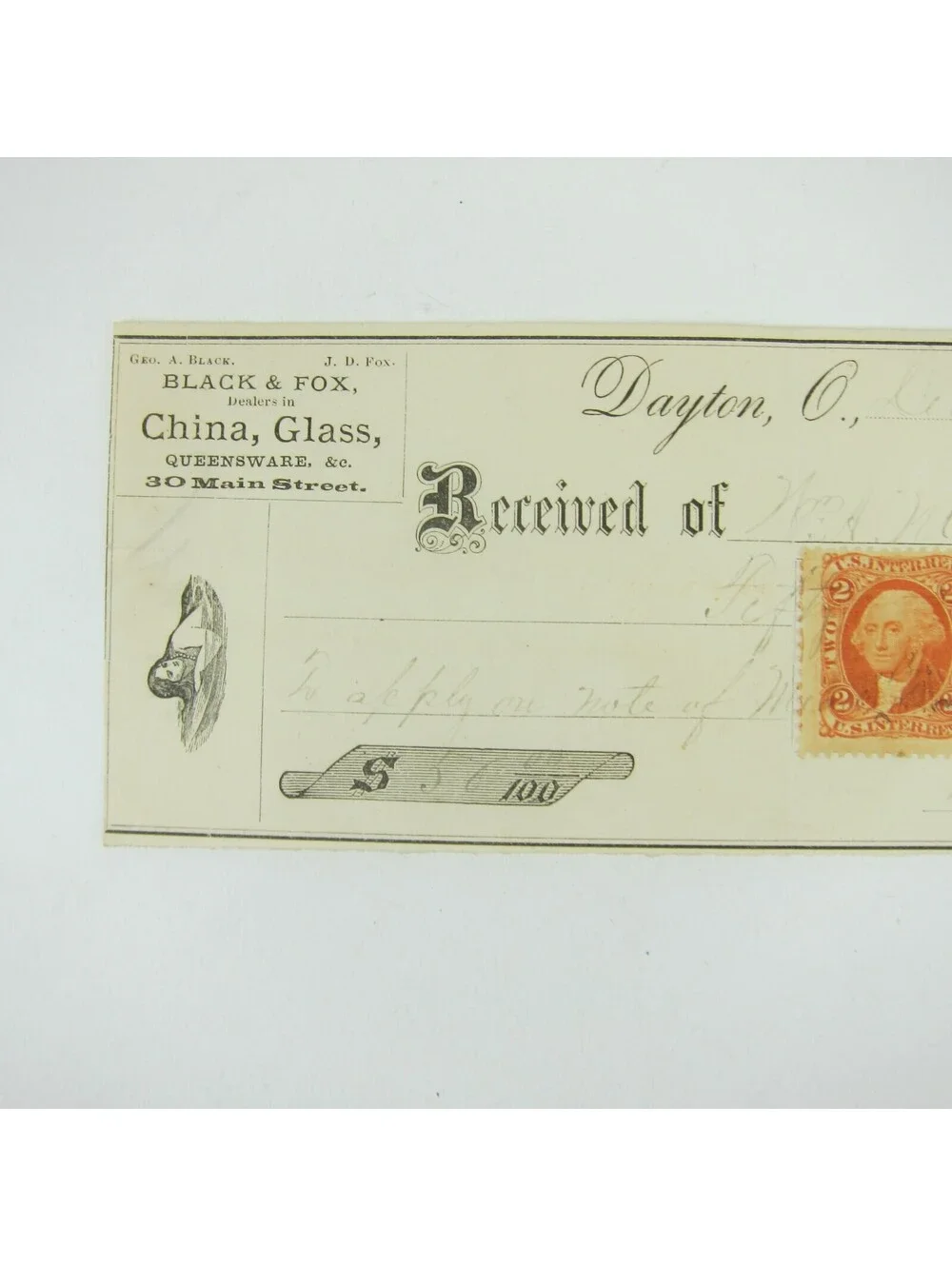 1868 Promissory Note & Two Cent Revenue Stamp Black & Fox Dayton Ohio Antique